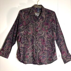 Women’s Chaps Purple and Gray Paisley long sleeve button down Shirt, petite L
